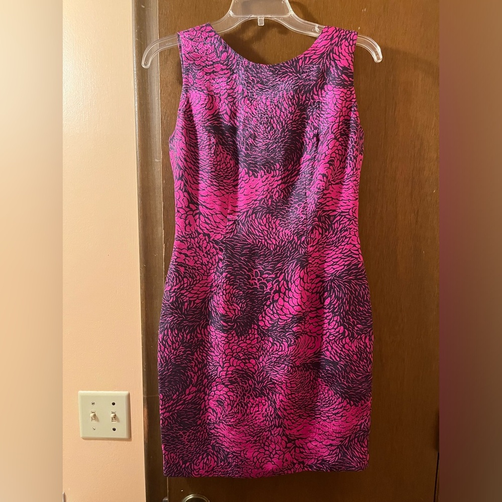 Shanghai Tang Pink/Purple & Navy Asian Inspired Chrysanthemum Print Silk Dress